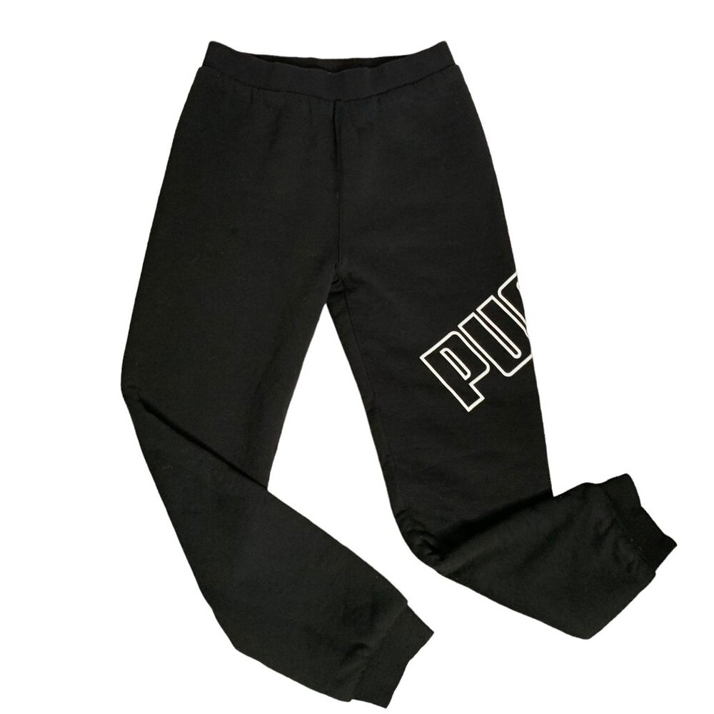 Puma Heavy Fleece Lined Sweatpants XL Youth Black High Rise Joggers Spell Out
